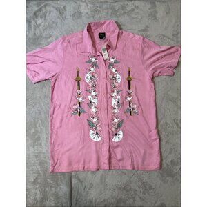 Disney Her Universe Mulan Shirt XL Pink Floral Sword Graphic Button Up NWT